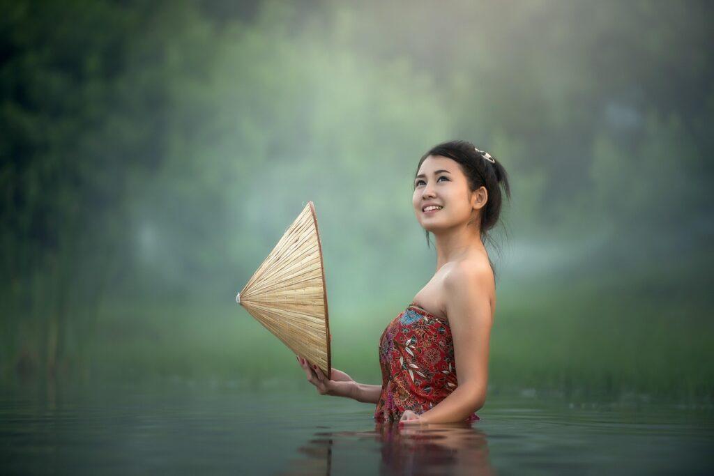 woman, lake, asian, portrait, conical hat, nature, river