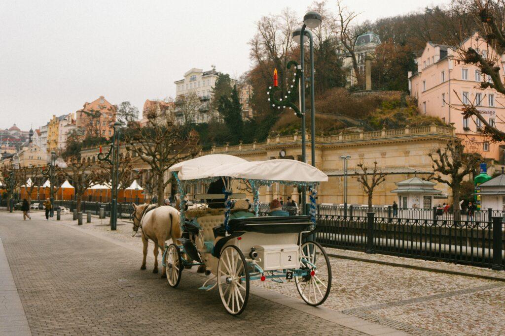 Horse-drawn carriage on a scenic European street, capturing a classic city ambiance.