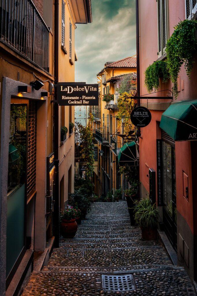 italy, alley, street, shopping, cobblestone, town, nature, sunset