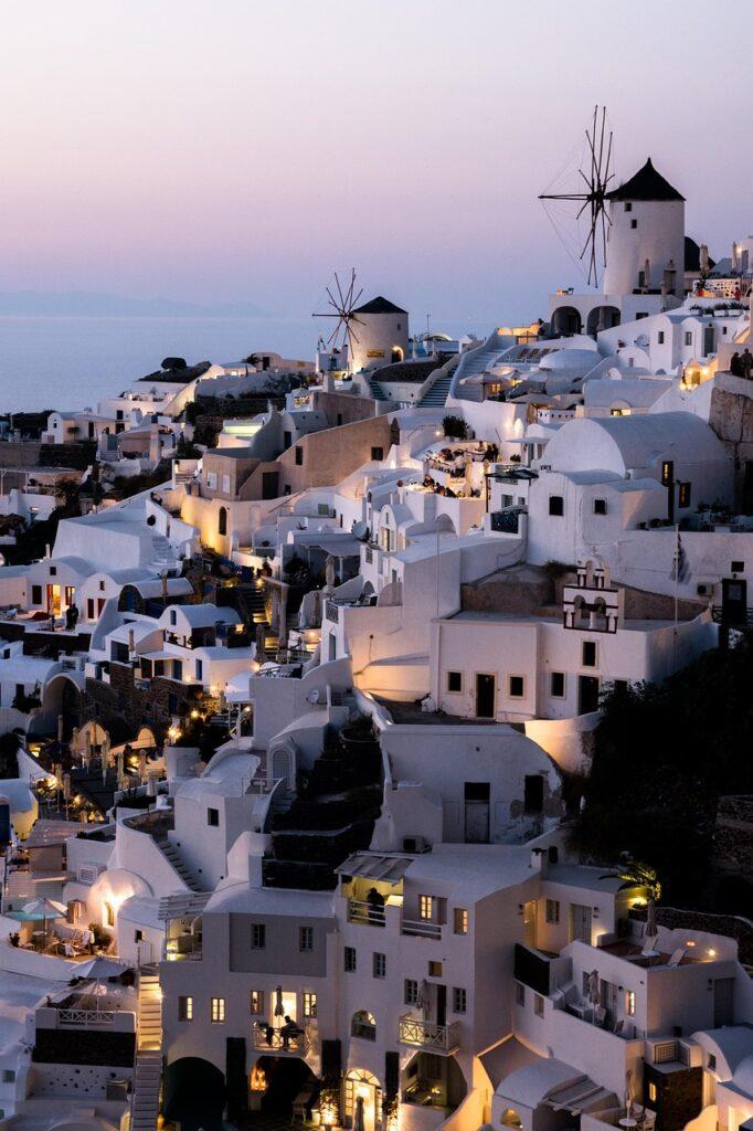 greece, sea, santorini, summer, houses, sea view, greek, architecture, windmills, nature, sunset, place, mood