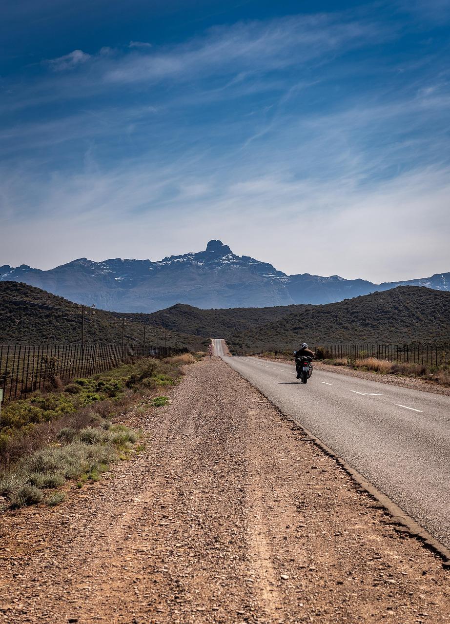 road, motorcyclist, nature, country road, south africa, asphalt, mountains, path, to travel