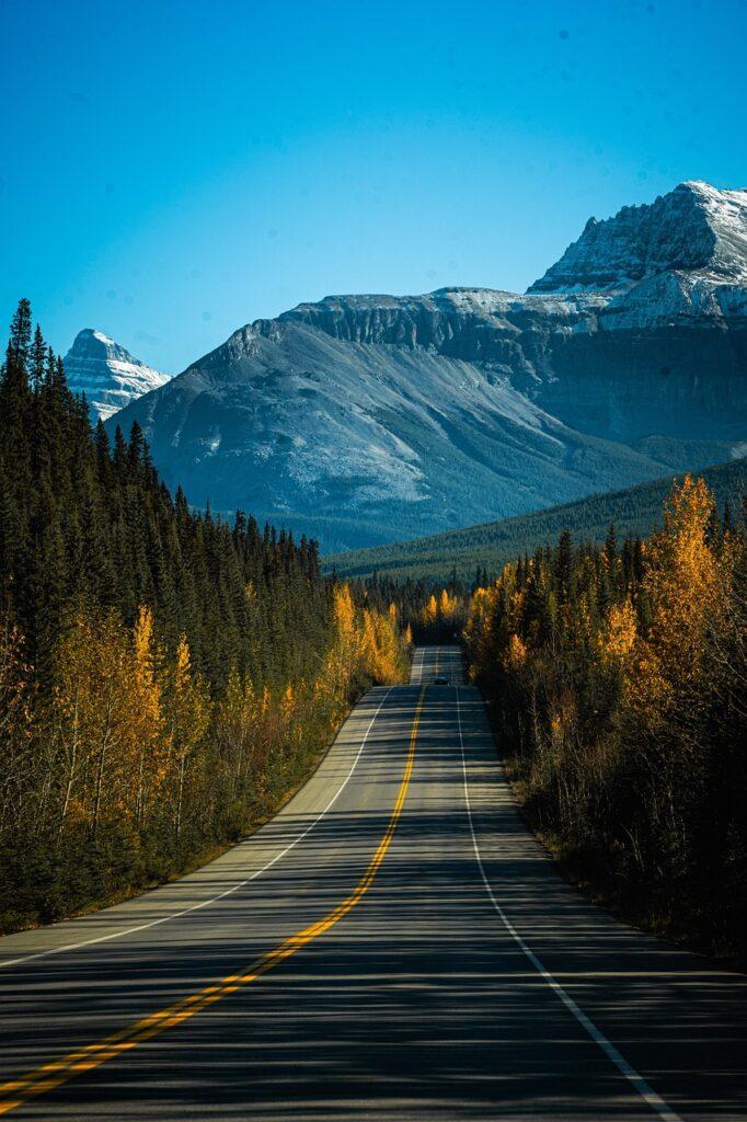 banff, fall, road, highway, autumn, mountain, nature, canada, jasper, alberta, evening, sky, trees