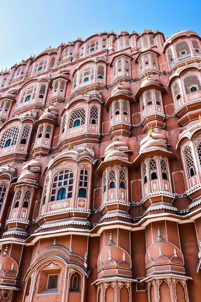 A stunning view of the Hawa Mahal's intricate facade in Jaipur, showcasing Rajput architecture.