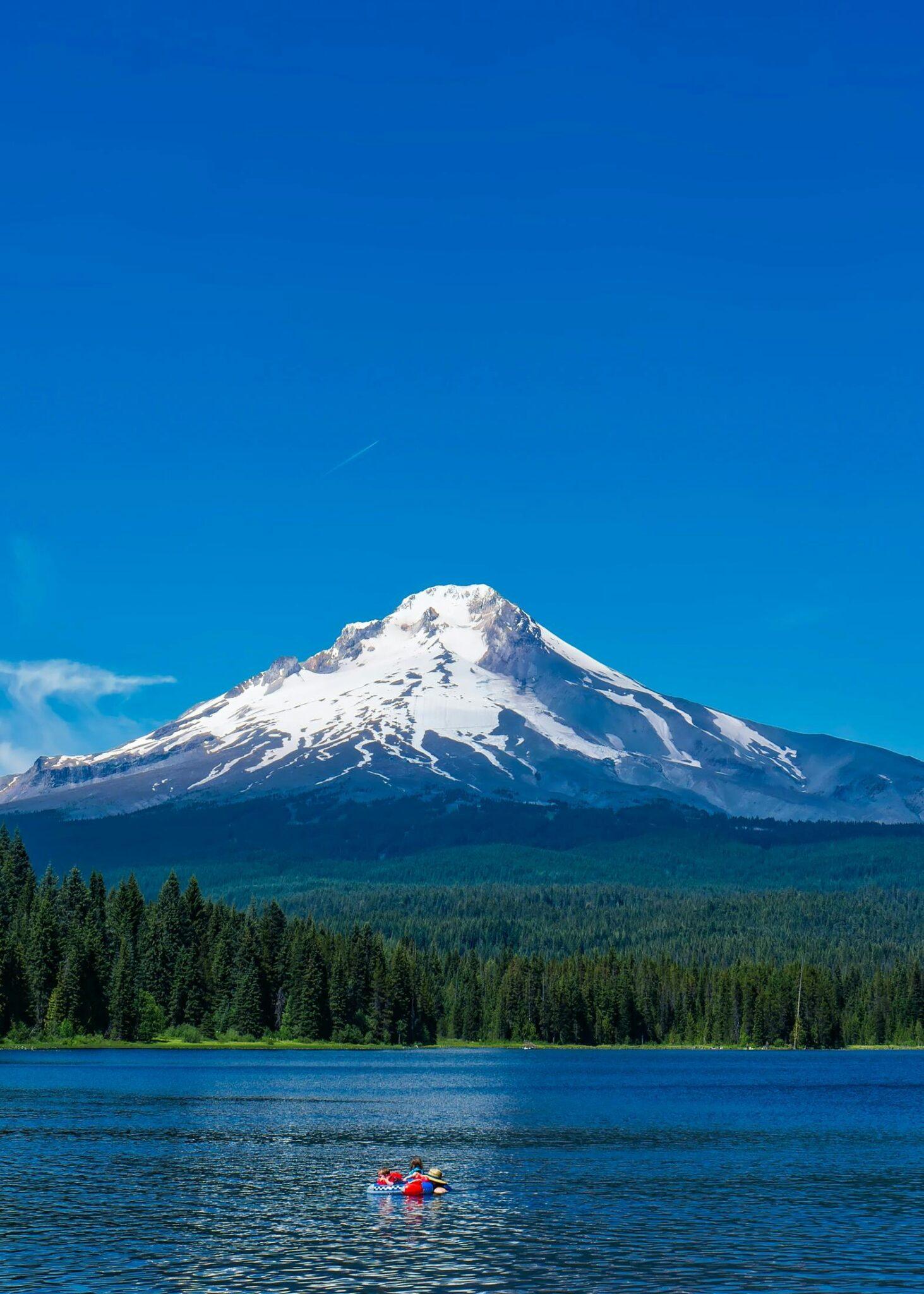 A vibrant lake scene with a snow-capped mountain under a clear blue sky.
